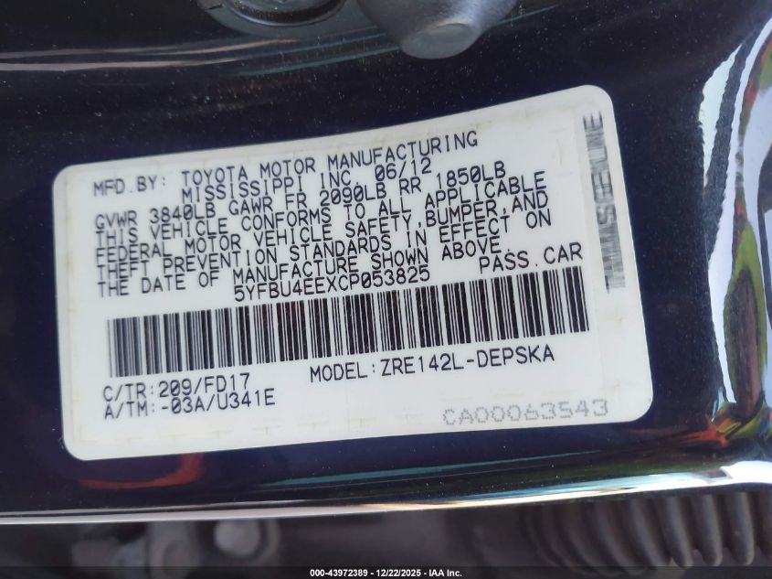 2012 Toyota Corolla S VIN: 5YFBU4EEXCP053825 Lot: 43972389