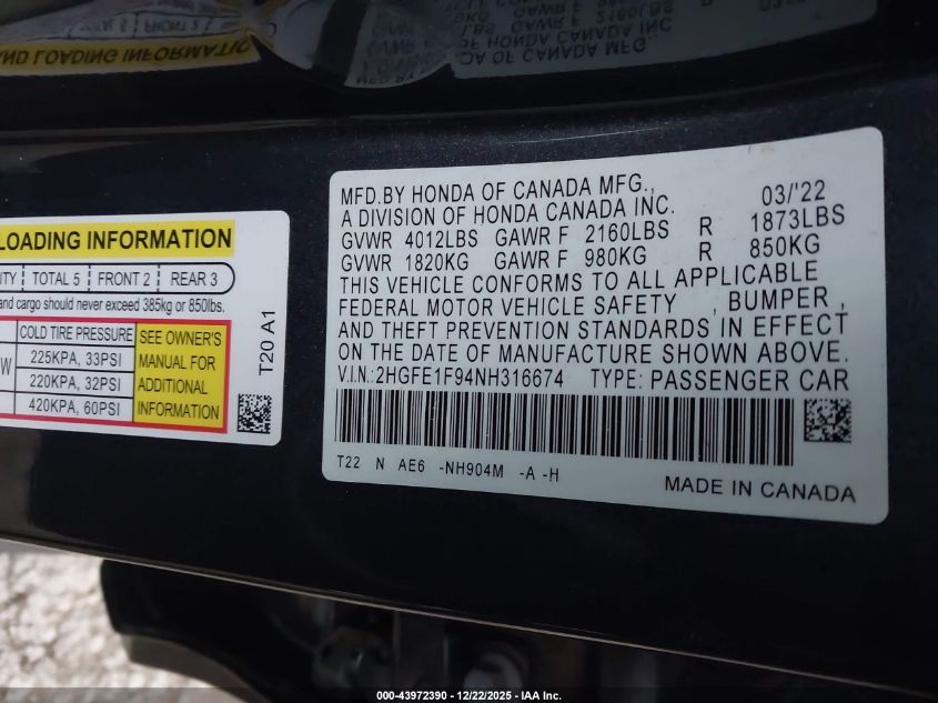 2022 Honda Civic Touring VIN: 2HGFE1F94NH316674 Lot: 43972390