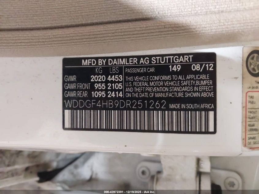 2013 Mercedes-Benz C 250 Sport VIN: WDDGF4HB9DR251262 Lot: 43972391