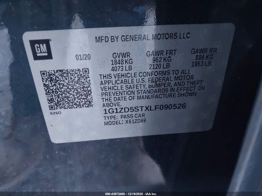 2020 Chevrolet Malibu Fwd Lt VIN: 1G1ZD5STXLF090526 Lot: 43972400