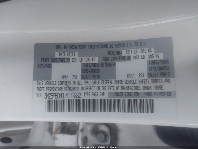 2020 Mazda Mazda3 Select Package VIN: 3MZBPBCM0LM117882 Lot: 43972406