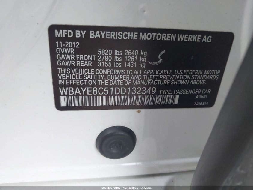 2013 BMW 750Li VIN: WBAYE8C51DD132349 Lot: 43972407