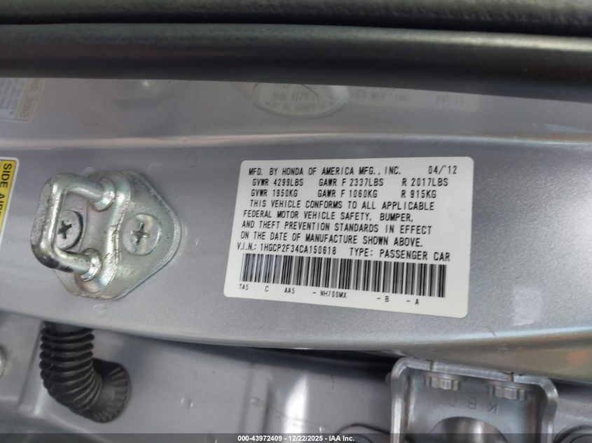 2012 Honda Accord 2.4 Lx VIN: 1HGCP2F34CA150618 Lot: 43972409