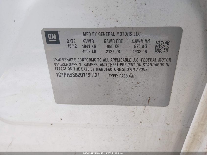 2013 Chevrolet Cruze Eco Auto VIN: 1G1PH5SB2D7150121 Lot: 43972410
