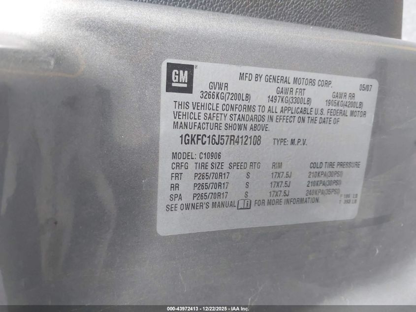 2007 GMC Yukon Xl 1500 Slt VIN: 1GKFC16J57R412108 Lot: 43972413