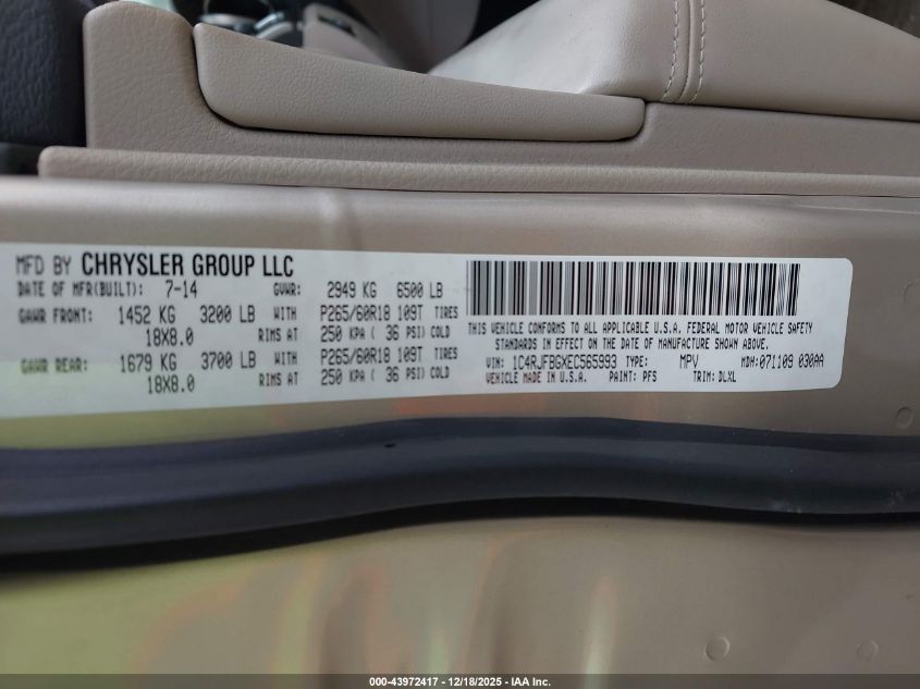 2014 Jeep Grand Cherokee Limited VIN: 1C4RJFBGXEC565993 Lot: 43972417