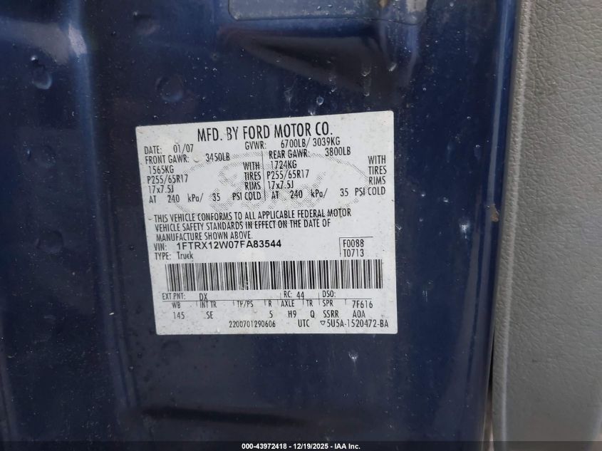 2007 Ford F-150 Stx/Xl/Xlt VIN: 1FTRX12W07FA83544 Lot: 43972418