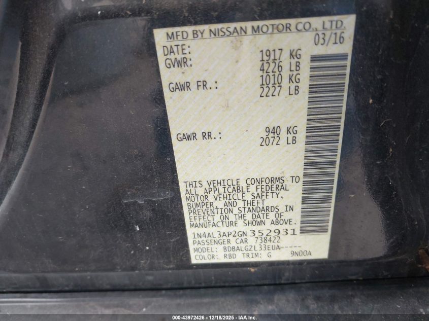 2016 Nissan Altima 2.5/2.5 S/2.5 Sl/2.5 Sr/2.5 Sv VIN: 1N4AL3AP2GN352931 Lot: 43972426