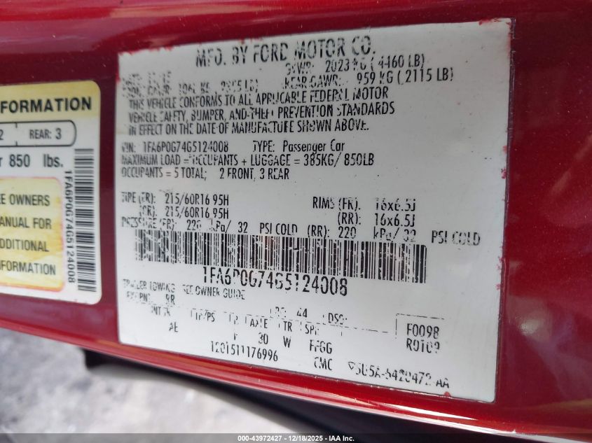 2016 Ford Fusion S VIN: 1FA6P0G74G5124008 Lot: 43972427