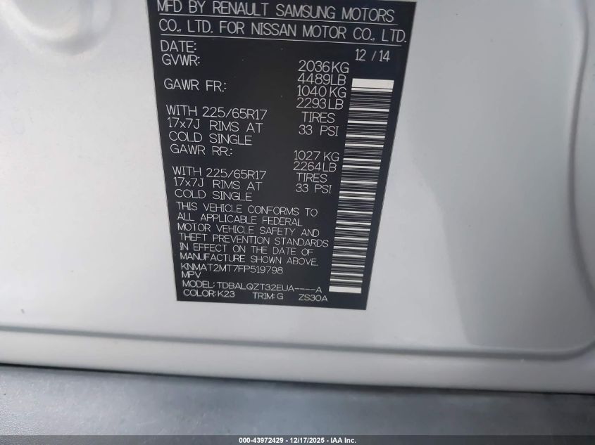 2015 Nissan Rogue Sv VIN: KNMAT2MT7FP519798 Lot: 43972429