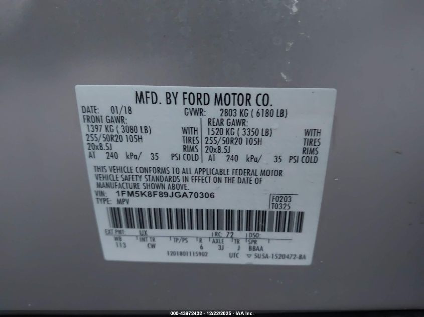 2018 Ford Explorer Limited VIN: 1FM5K8F89JGA70306 Lot: 43972432