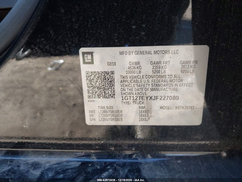 2018 GMC Sierra 2500Hd Slt VIN: 1GT12TEYXJF227080 Lot: 43972438