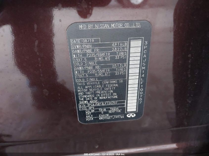 2020 Infiniti Qx50 Essential VIN: 3PCAJ5M14LF100707 Lot: 43972440