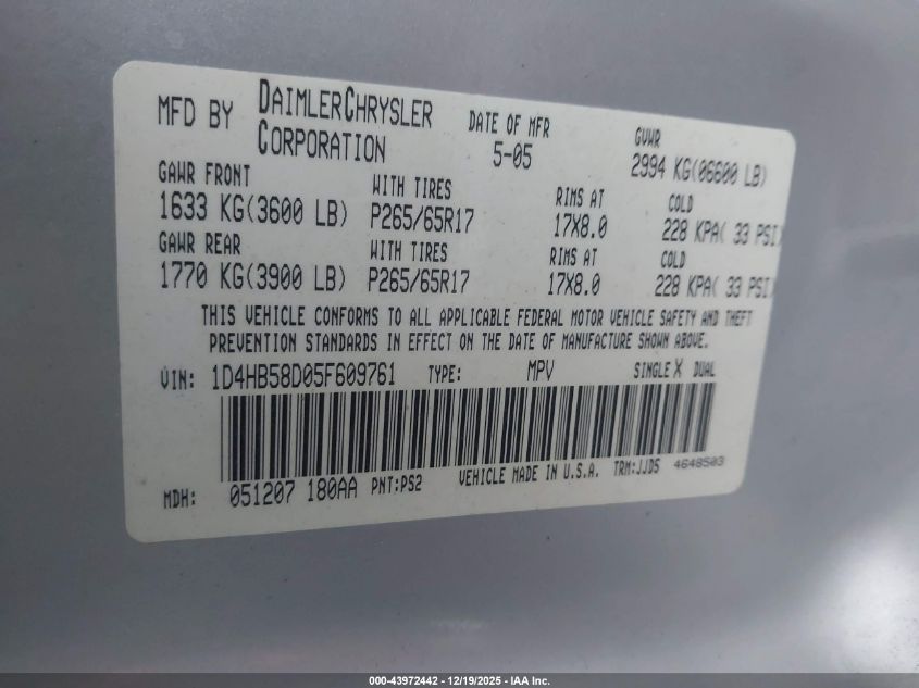 2005 Dodge Durango Limited VIN: 1D4HB58D05F609761 Lot: 43972442