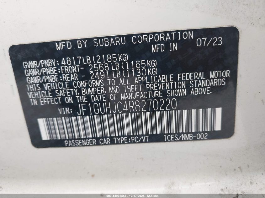 2024 Subaru Impreza Rs 5-Door VIN: JF1GUHJC4R8270220 Lot: 43972443