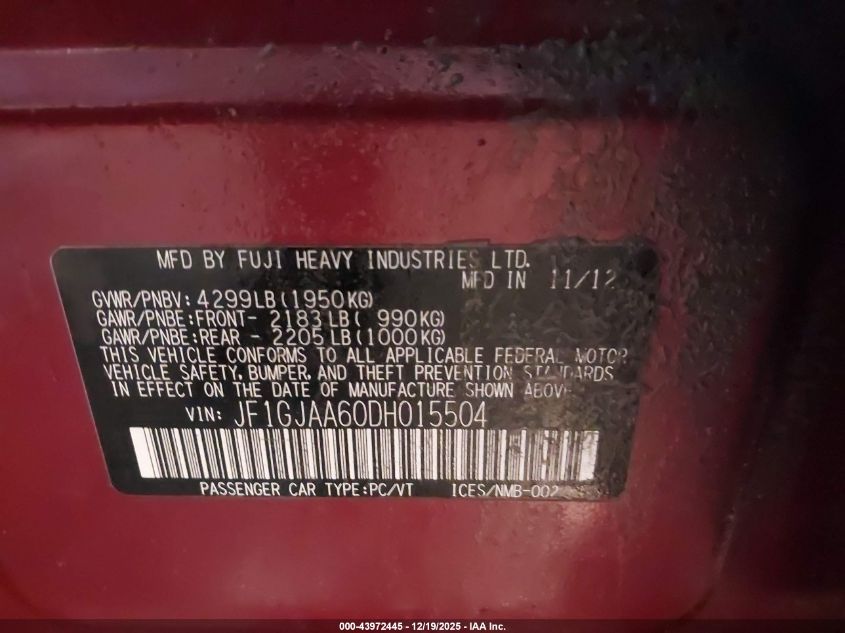 2013 Subaru Impreza 2.0I VIN: JF1GJAA60DH015504 Lot: 43972445