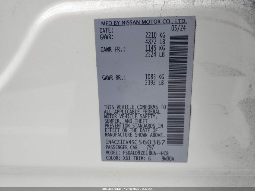 2025 Nissan Leaf Sv Plus VIN: 1N4CZ1CV4SC560367 Lot: 43972449