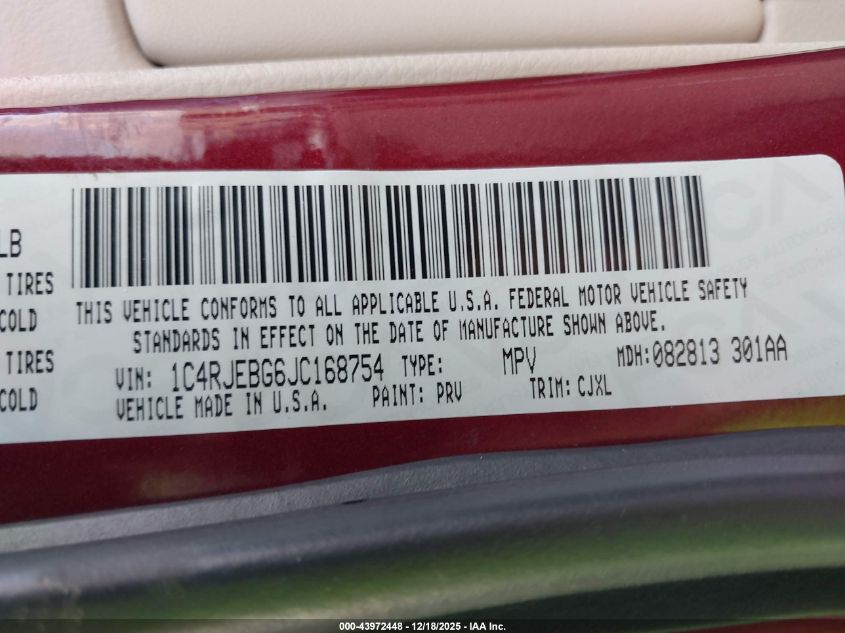2018 Jeep Grand Cherokee Limited 4X2 VIN: 1C4RJEBG6JC168754 Lot: 43972448