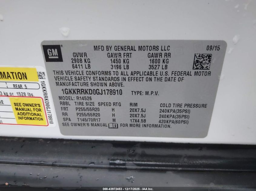 2016 GMC Acadia Slt-1 VIN: 1GKKRRKD0GJ178910 Lot: 43972453