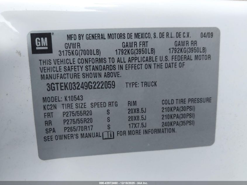 2009 GMC Sierra 1500 Denali VIN: 3GTEK03249G222059 Lot: 43972460