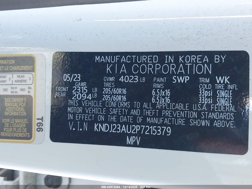 2023 Kia Soul S VIN: KNDJ23AU2P7215379 Lot: 43972464