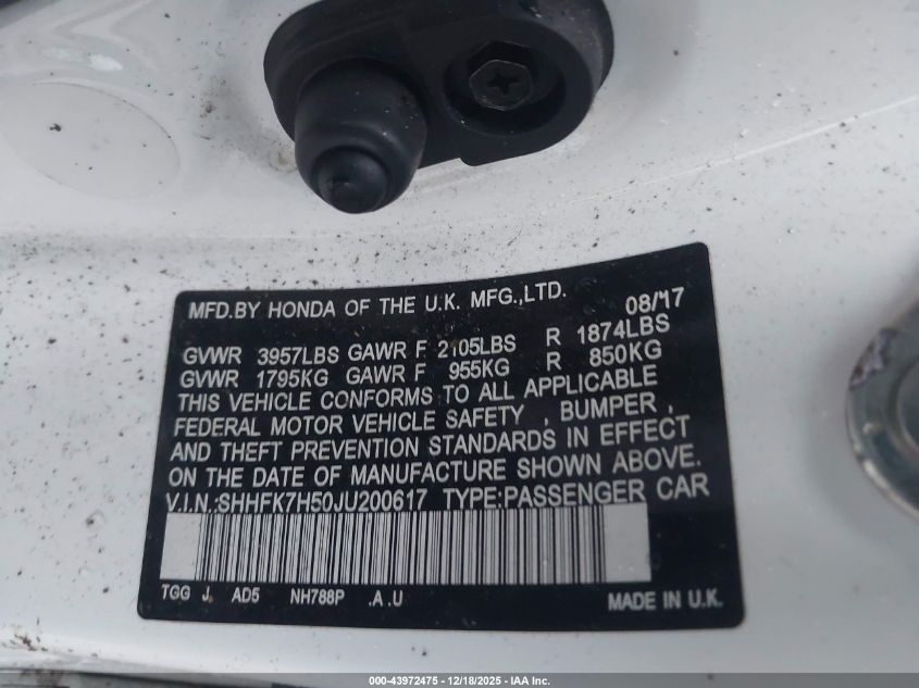 2018 Honda Civic Ex VIN: SHHFK7H50JU200617 Lot: 43972475