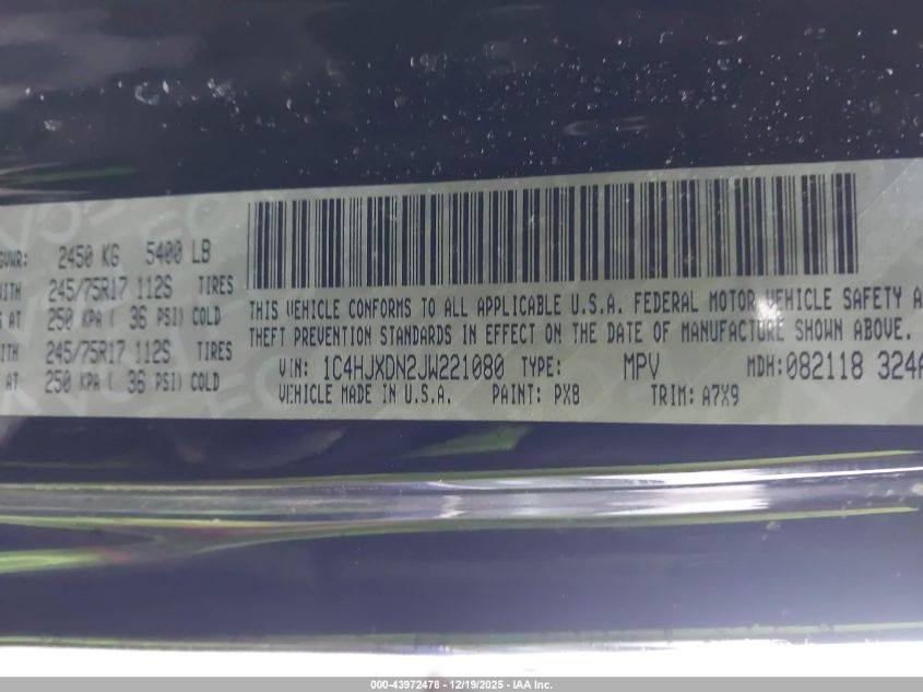 2018 Jeep Wrangler Unlimited Sport 4X4 VIN: 1C4HJXDN2JW221080 Lot: 43972478