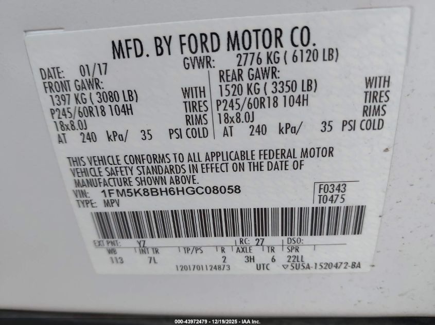 2017 Ford Explorer VIN: 1FM5K8BH6HGC08058 Lot: 43972479