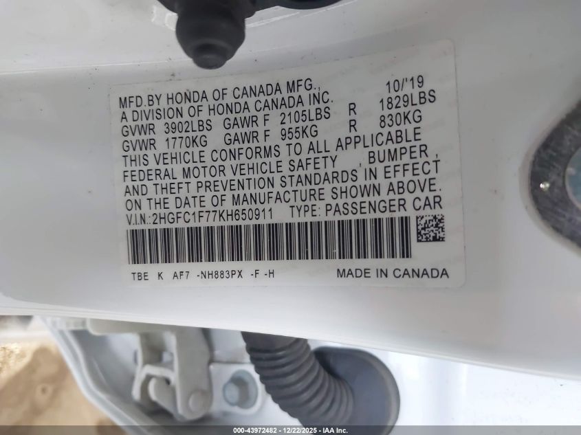 2019 Honda Civic Ex-L VIN: 2HGFC1F77KH650911 Lot: 43972482