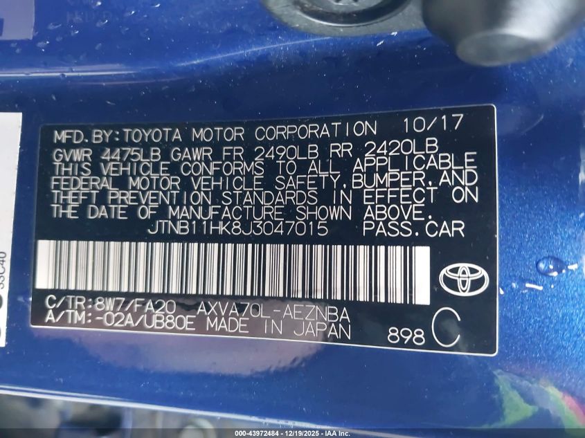 2018 Toyota Camry Le VIN: JTNB11HK8J3047015 Lot: 43972484