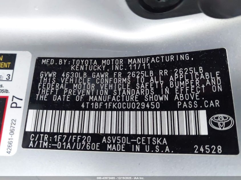 2012 Toyota Camry Se VIN: 4T1BF1FK0CU029450 Lot: 43972485