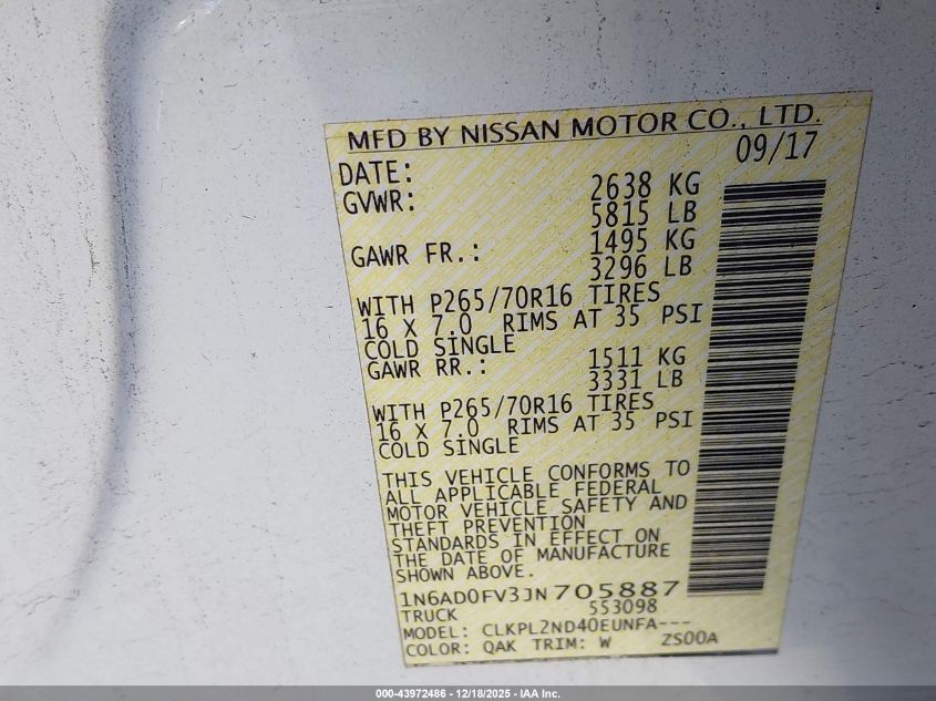 2018 Nissan Frontier Sv VIN: 1N6AD0FV3JN705887 Lot: 43972486