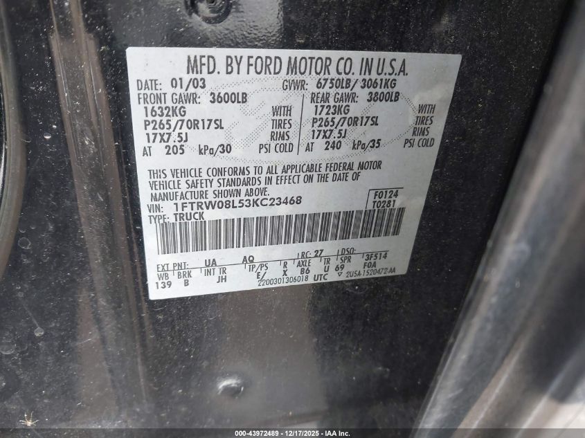 2003 Ford F-150 Lariat/Xlt VIN: 1FTRW08L53KC23468 Lot: 43972489