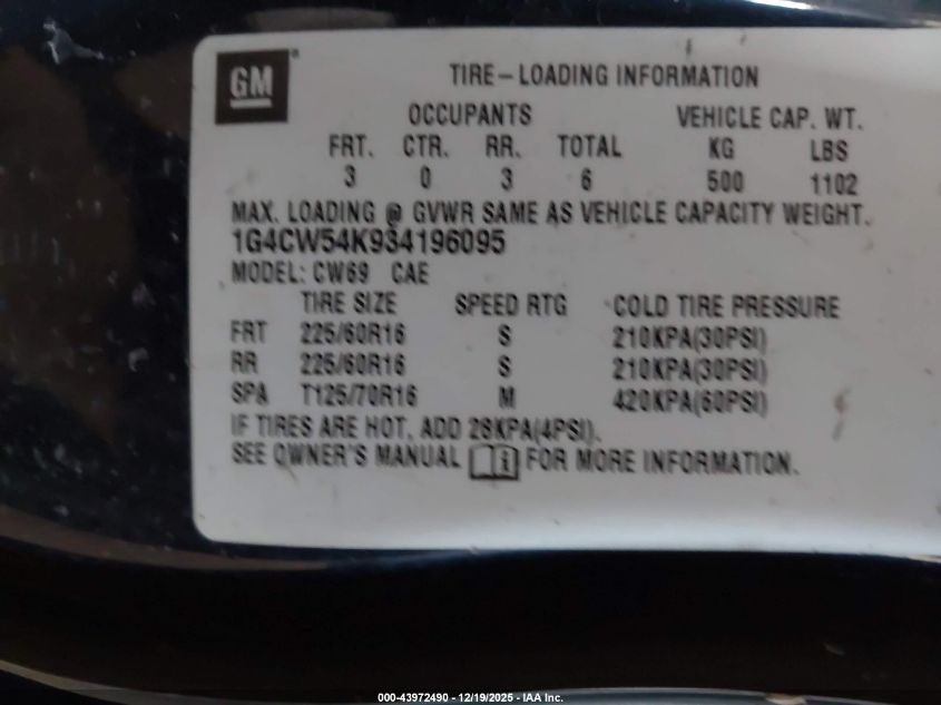 2003 Buick Park Avenue VIN: 1G4CW54K934196095 Lot: 43972490