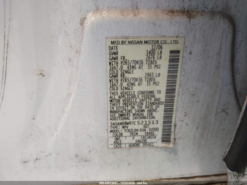 2007 Nissan Xterra S VIN: 5N1AN08W97C521513 Lot: 43972491