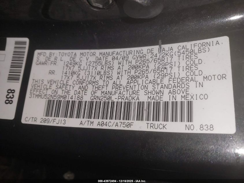 2009 Toyota Tacoma Base V6 VIN: 3TMMU52N59M014188 Lot: 43972494