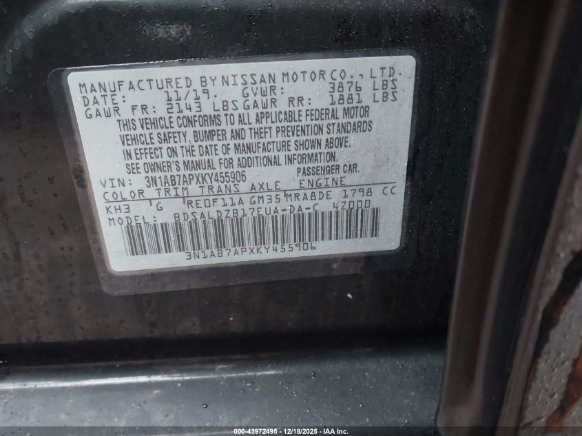 2019 Nissan Sentra Sv VIN: 3N1AB7APXKY455906 Lot: 43972495