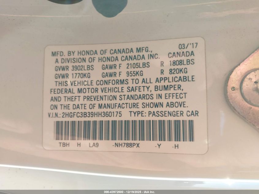 2017 Honda Civic Ex-T VIN: 2HGFC3B39HH360175 Lot: 43972500