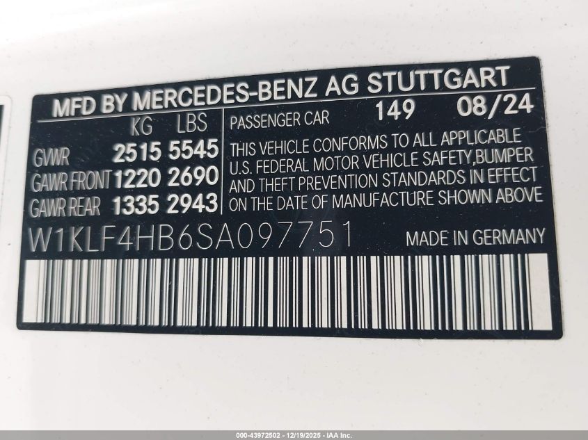 2025 Mercedes-Benz E 350 VIN: W1KLF4HB6SA097751 Lot: 43972502