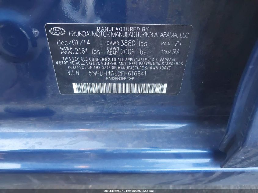 2015 Hyundai Elantra Se VIN: 5NPDH4AE2FH616841 Lot: 43972507