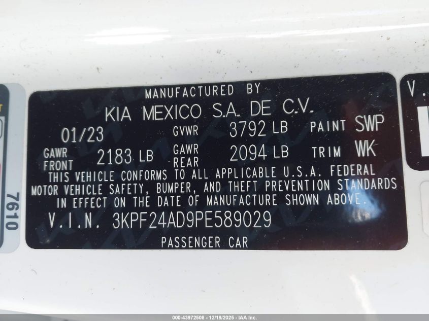 2023 Kia Forte Lxs VIN: 3KPF24AD9PE589029 Lot: 43972508