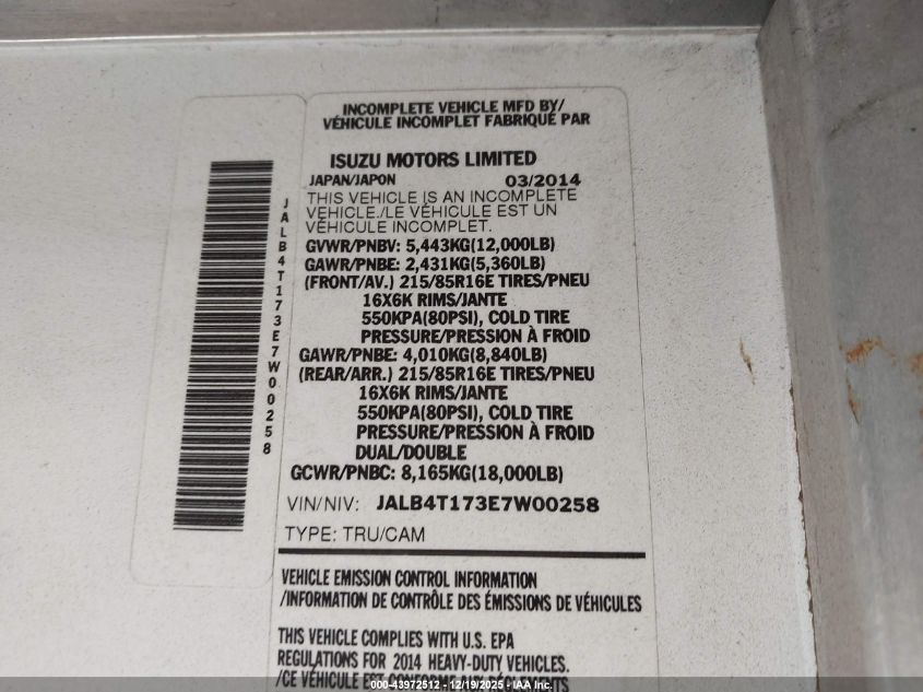 2014 Isuzu Commercial Van VIN: JALB4T173E7W00258 Lot: 43972512