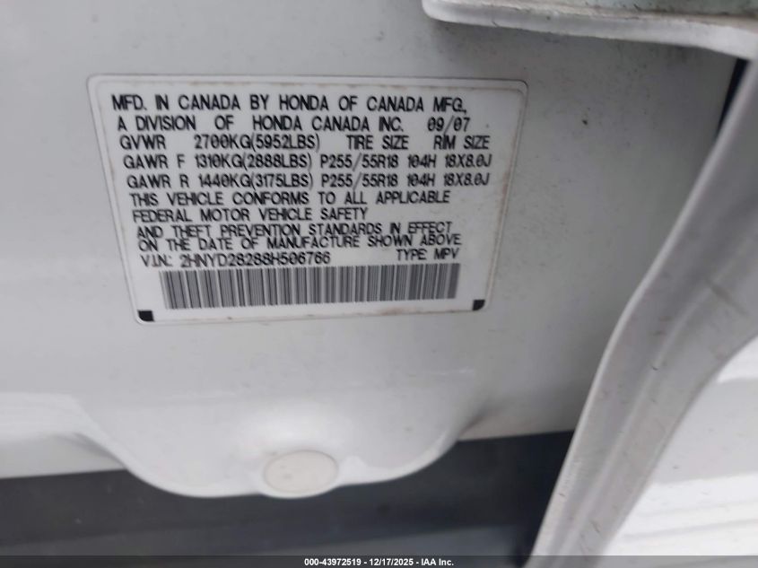 2008 Acura Mdx VIN: 2HNYD28288H506766 Lot: 43972519