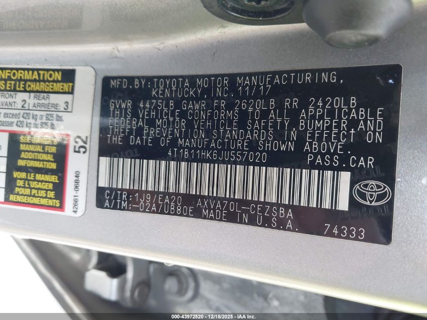 2018 Toyota Camry Se VIN: 4T1B11HK6JU557020 Lot: 43972520