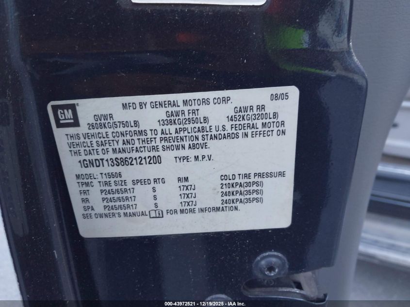 2006 Chevrolet Trailblazer Lt VIN: 1GNDT13S862121200 Lot: 43972521