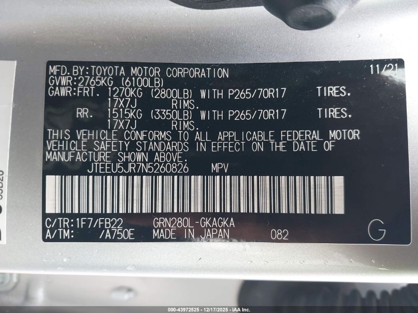 2022 Toyota 4Runner Sr5 VIN: JTEEU5JR7N5260826 Lot: 43972525