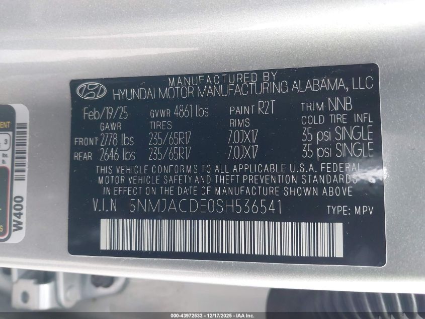 2025 Hyundai Tucson Se VIN: 5NMJACDE0SH536541 Lot: 43972533