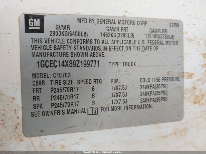 2009 Chevrolet Silverado 1500 Work Truck VIN: 1GCEC14X89Z199771 Lot: 43972537