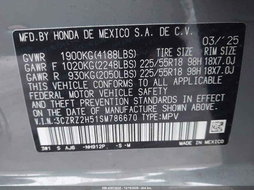 2025 Honda Hr-V Awd Sport VIN: 3CZRZ2H51SM786670 Lot: 43972538