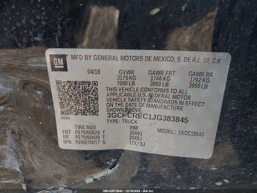 2018 Chevrolet Silverado 1500 1Lt VIN: 3GCPCREC1JG383845 Lot: 43972540